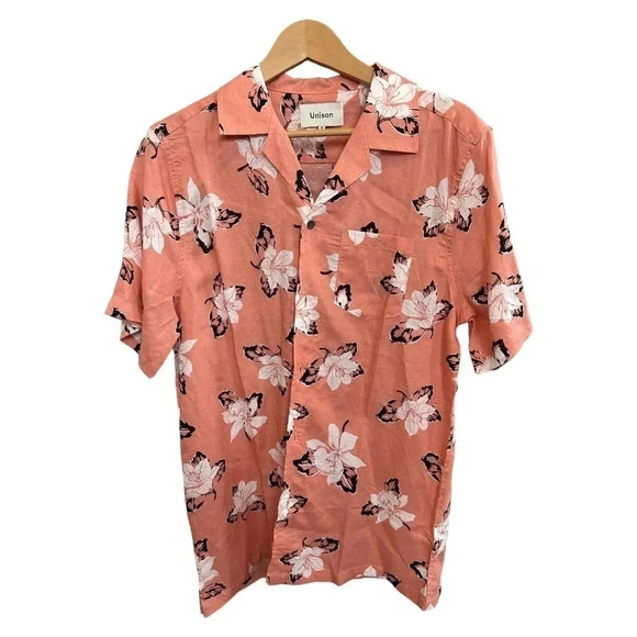 NWOT Unison Linen Short Sleeve Floral Patch Pocket Mens Leisure Shirt, Size M - Picture 1 of 3